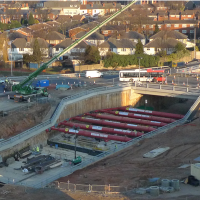 aerial photograph of construction of a road underpass